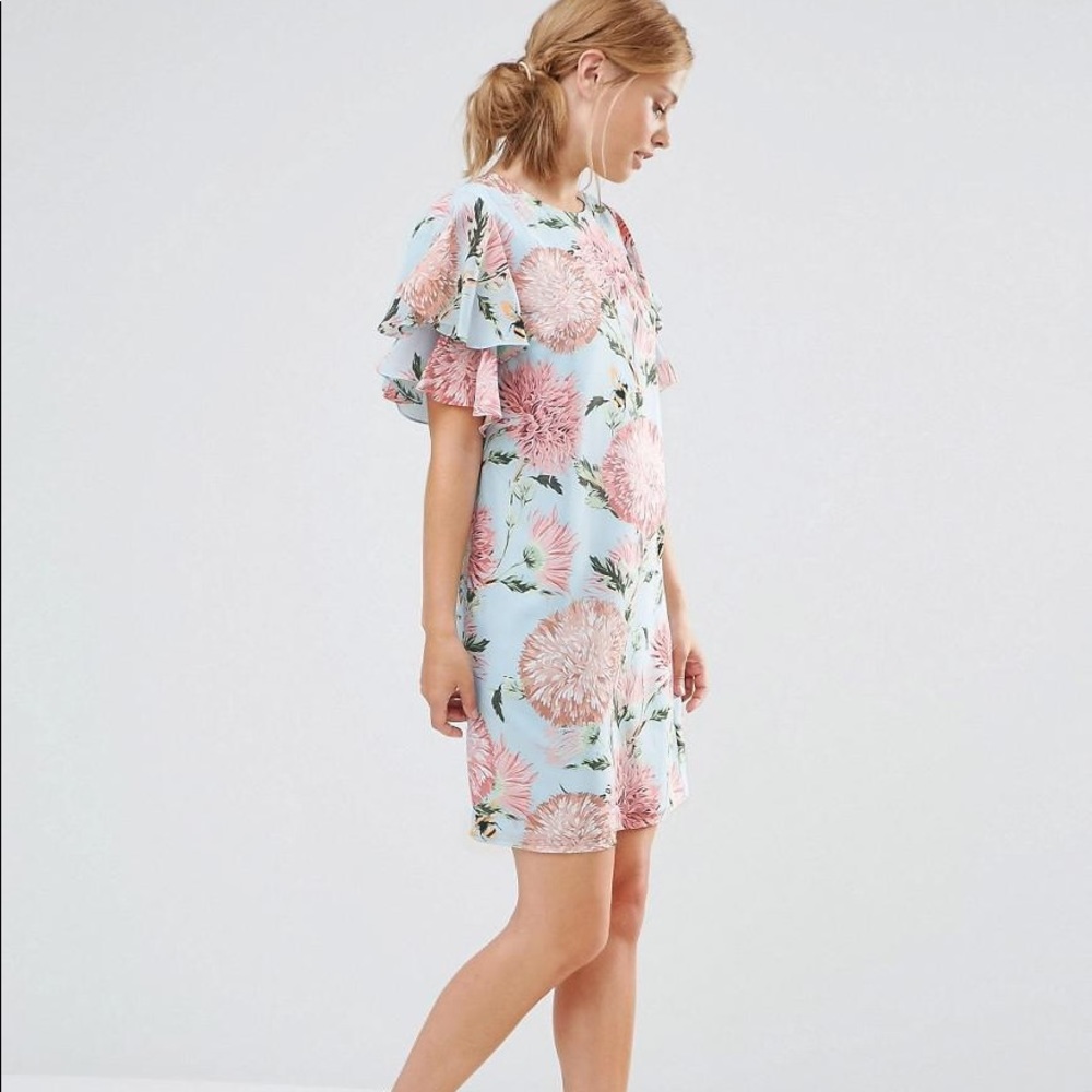 Warehouse Pom Pom blue floral mini ruffle dress